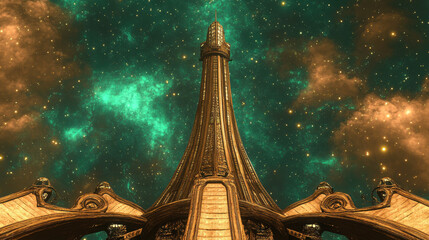 majestic celestial spire rises against vibrant, star filled sky, exuding aura of mystery and wonder. intricate architecture and glowing atmosphere create sense of awe