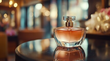 Elegant perfume bottle on a reflective surface with soft bokeh background. Use for beauty blogs, advertising, or product mockups for feminine scents.