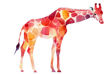 Watercolor Giraffe Illustration with Orange and Red Spots on Transparent Background Cute Wildlife Mammal Art