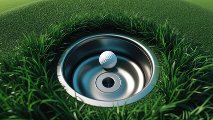The golf ball positioned at the hole on the golf course.