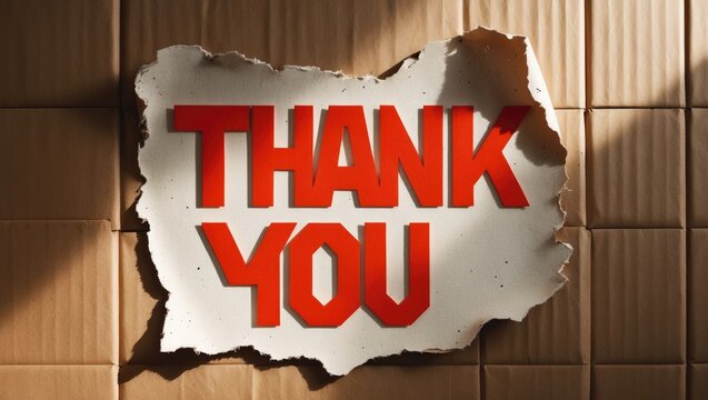 Message of gratitude displayed on a piece of torn paper against a cardboard backdrop. Conceptual symbol of thanks. Blank space available.