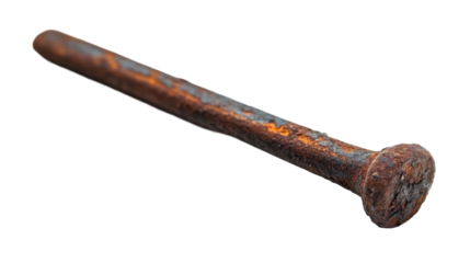 Close-up of a rusty nail on a white background for industrial themes. transparent background