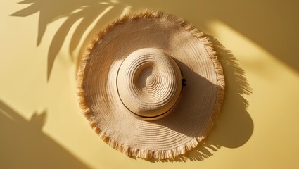 Bird's-eye view of straw hat against a yellow backdrop. Summer fashion, holiday, and beach wallpaper. Flat lay.