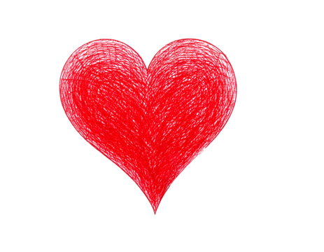 red heart, carefully drawn with colored pencils, placed on a transparent background, symbolizing love, passion, and creativity, ideal for greeting cards, posters, and digital designs