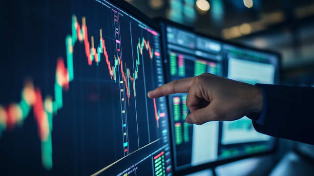  a trader's hand pointing at a financial stock market chart  - Powered by Adobe
