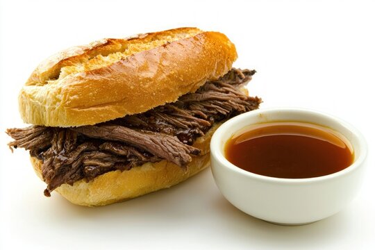 Delicious pulled beef sandwich with a side of savory au jus dip presented on a white table top