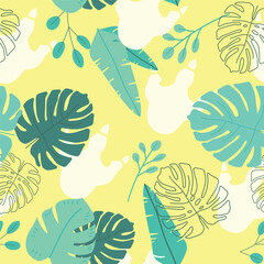 Tropical Dinosaur Footprint Pattern. Jungle Leaf Seamless Background