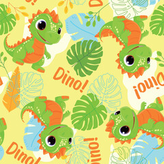 Fototapeta premium Cute Green Dinosaur Seamless Pattern. Playful T-Rex and Tropical Leaves