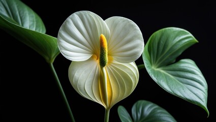 Obraz premium Anthurium flower, which is also referred to as tailflower, flamingo, and laceleaf, features a full yellow bloom with an orange and green spadix set against a background.