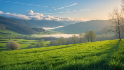 Obraz premium Mountain meadow bathed in morning light. Countryside spring landscape featuring a foggy valley behind the forest on the grassy hill. Fluffy clouds drift across a bright blue sky. Nature freshness t...