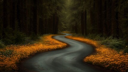 Fototapeta premium Winding Forest Road Spring Wildflowers Cinematic Photography