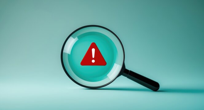Magnifying glass featuring a caution warning sign for error notification and maintenance concept.