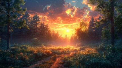 Fototapeta premium A forest with a path leading through it and a bright orange sun in the sky