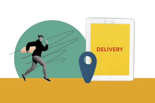 Collage creative illustration image monochrome effect excited happy joyful young woman run courier delivery unusual colorful template