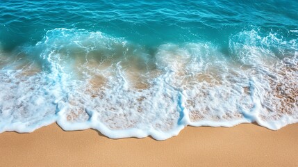Obraz premium A beautiful aerial view of turquoise ocean waves gently lapping onto a sandy shore, capturing nature's serenity.,Background