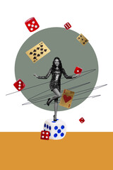 Trend artwork 3D photo collage sketch image of casino gambling game play roulette addiction young lady model pose huge dice combination