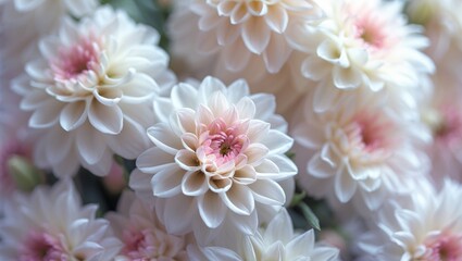 Fototapeta premium Flowers dahlia festive backdrop, soft and pastel bouquet floral card, overhead view wallpaper background. Macro of flowers for texture backdrop.