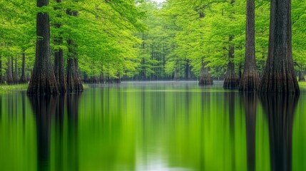 Lush cypress trees reflected in calm water