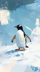 Fototapeta premium Penguin waddling across icy terrain in bright daylight. Vertical