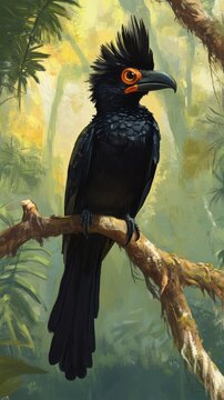 Long-wattled umbrellabird showing its distinct crest. Vertical