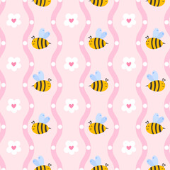 Joyful and festive seamless vector design with playful bees and charming woodland florals, creating a light and whimsical aesthetic for baby products and seasonal celebrations