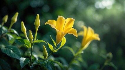 Fototapeta premium The trumpet flower is easily recognizable due to its shape, which resembles a trumpet, and its vivid yellow hue.