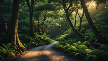 Obraz premium Trail winding through dense green forest
