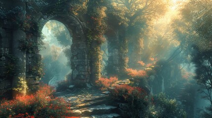 Obraz premium A forest with a stone archway leading to a path