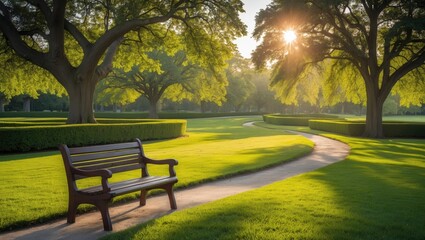 Fototapeta premium Serene Park Landscape Illuminated by Morning Sunlight