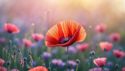 Lonely poppy flower in a field of flowers. Backlight, soft illumination, sunlight. Copy space on a beautifully colorful blurred backdrop.