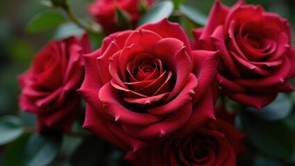 blooming red roses in a rambling garden