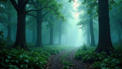 Naklejka premium The mist rises from the forest floor as it surrounds the winding path with towering trees, fog, trees, mystical