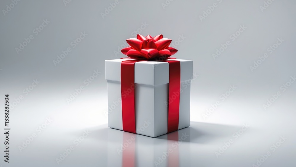 Poster gift box with ribbon bow in red color isolated on white background