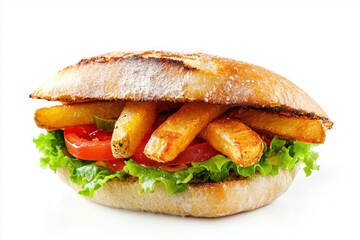 Scrumptious sandwich delight with crispy fries juicy tomato fresh lettuce and a fluffy bun delight