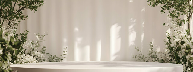 3D rendering of an empty white podium with plants on a light background