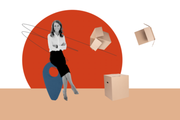 Collage creative picture image black white effect excited enjoy smile young woman sit fly box delivery unusual white background