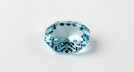 Soft-focus image of an Aquamarine gemstone with intricate cutting patterns, placed on a white background, allowing for an elegant display 