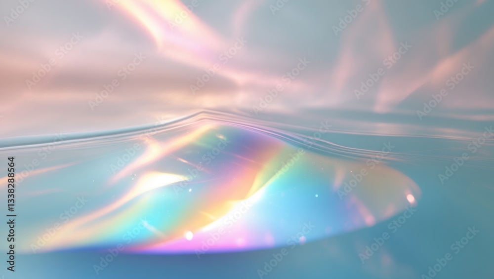 Poster refraction of light through glass creates a glare on a surface displaying rainbow colors.