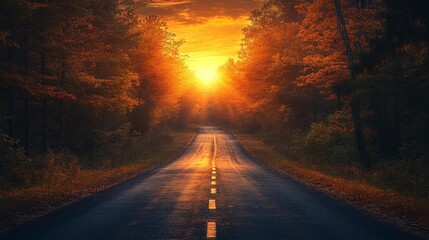 Naklejka premium A peaceful road through a forest illuminated by a golden sunset evoking calm and freedom on a road trip. Generative AI