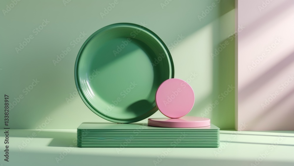 Poster Ribbed acrylic plates and circular platforms on a backdrop with shadow. Trendy setting for a presentation.