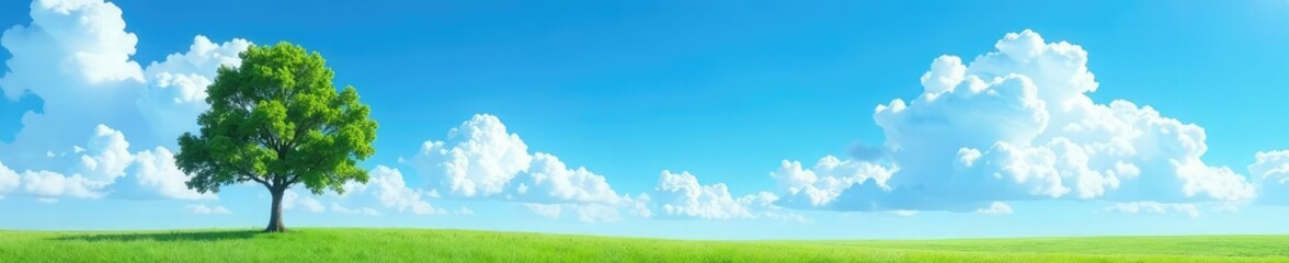 Obraz premium Single tree against a bright blue sky with fluffy white clouds, nature, clear sky