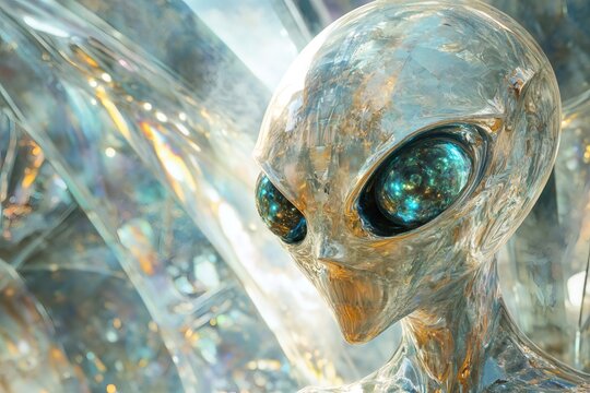 Futuristic extraterrestrial being with metallic skin and large, iridescent eyes, set against a backdrop of swirling, light reflective material