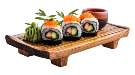 Three sushi rolls with a side of wasabi and soy sauce. The sushi is served on a wooden tray