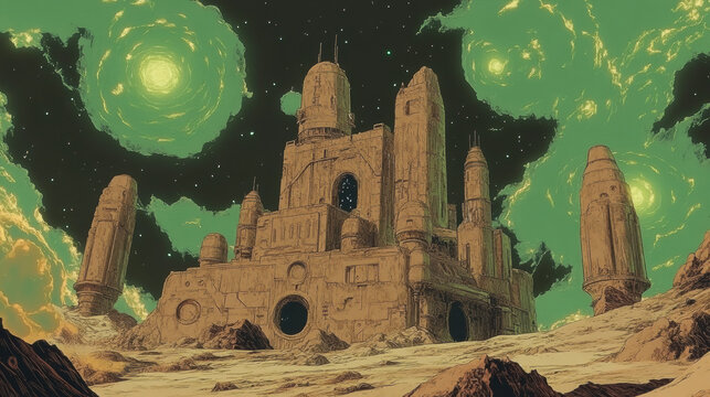 mysterious alien citadel stands under swirling green nebula sky, evoking sense of wonder and exploration. ancient structure is surrounded by rocky terrain