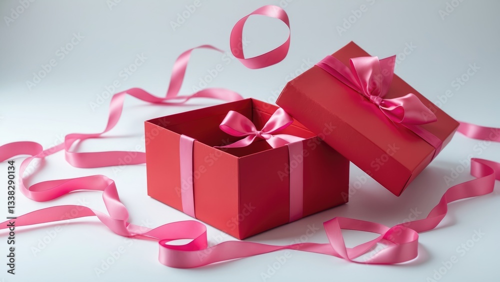 Poster red gift box with a pink ribbon open and isolated against a white background.