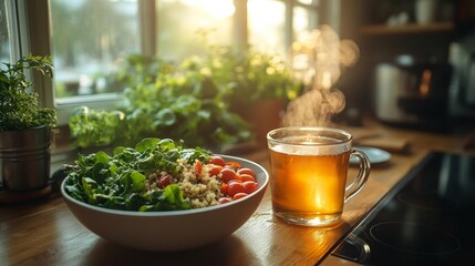 Cozy Kitchen Scene with Mixed Greens Quinoa and Steaming Herbal Tea. Generative AI