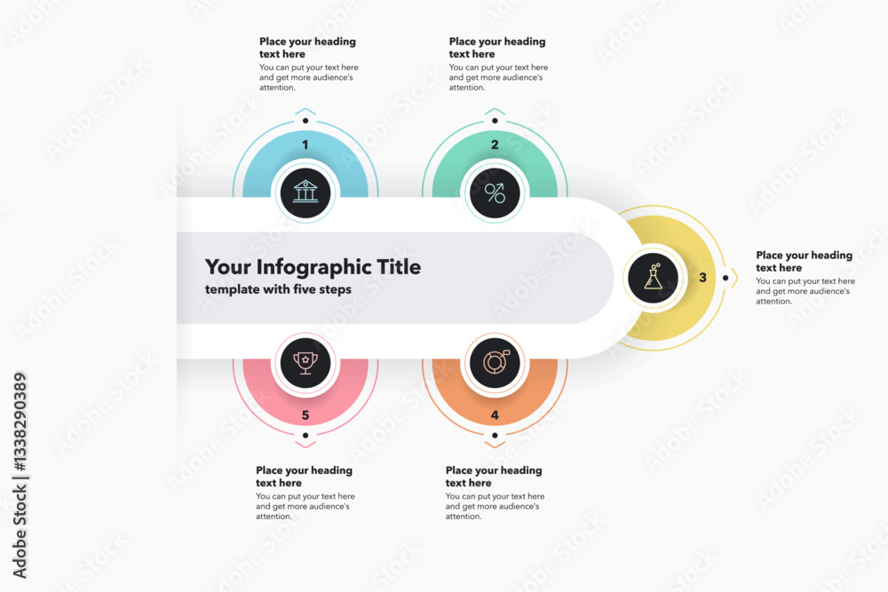 Poster Infographic progress diagram with five steps with numbers and minimalistic icons. Can be used for your website or presentation.