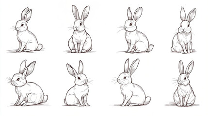 Eight Realistic Rabbit Sketches in Different Sitting Poses