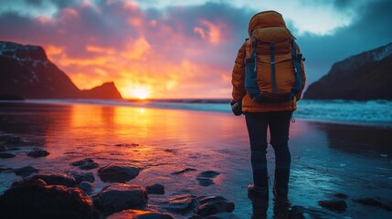 Person with Backpack Watching the Sunset on the Beach Capturing the Moment with a Camera. Generative AI