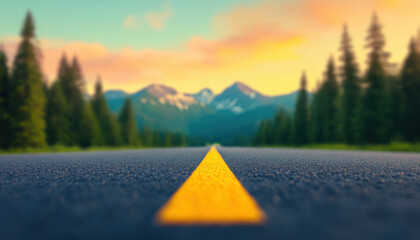 scenic view of road leading towards mountains, surrounded by trees and colorful sunset sky, evokes sense of adventure and tranquility